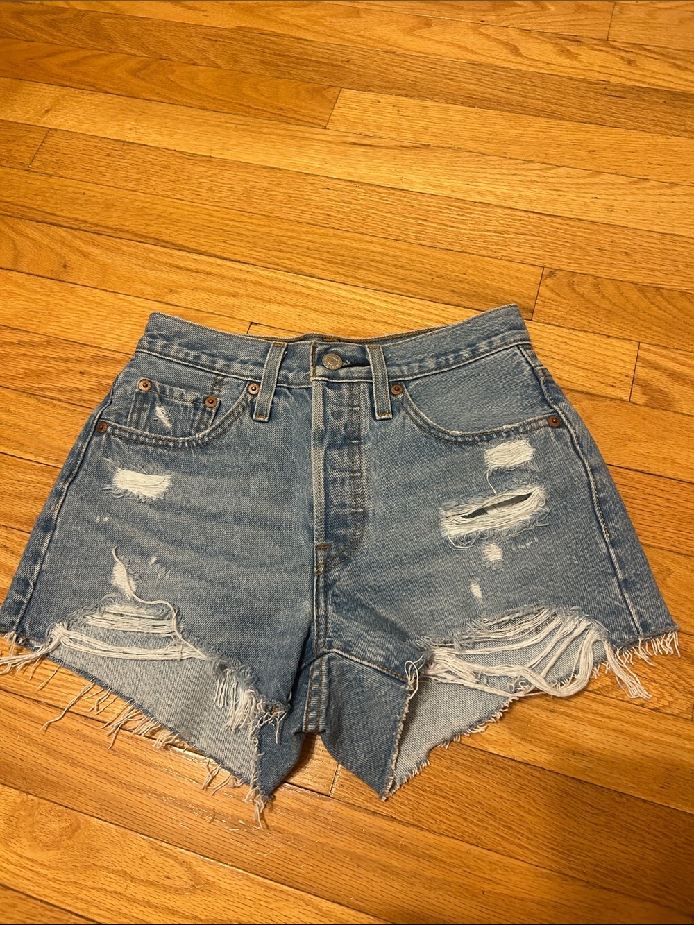 Levi’s 501 medium wash distressed denim shorts - Picture 1 of 5